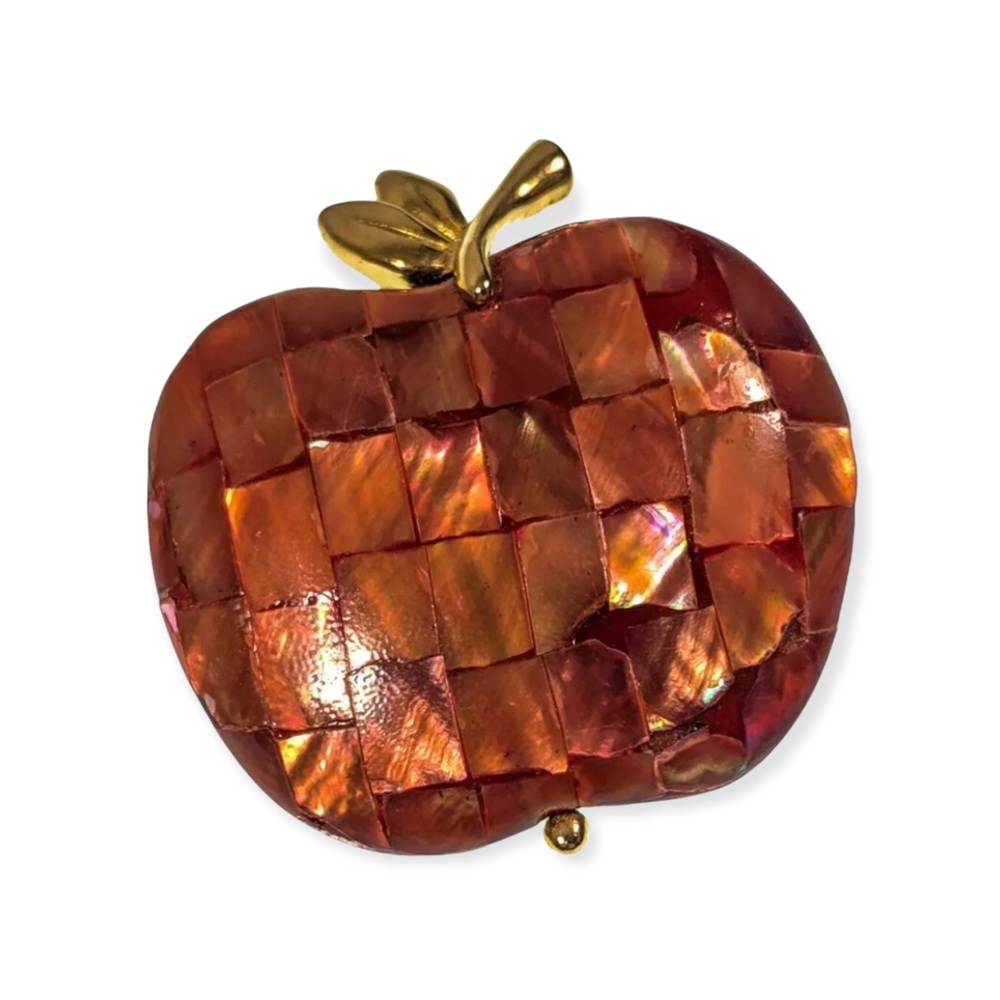 Lovely Red Mother of Pearl Mosaic Jewellery Apple Brooch Signed Liz Claiborne LC